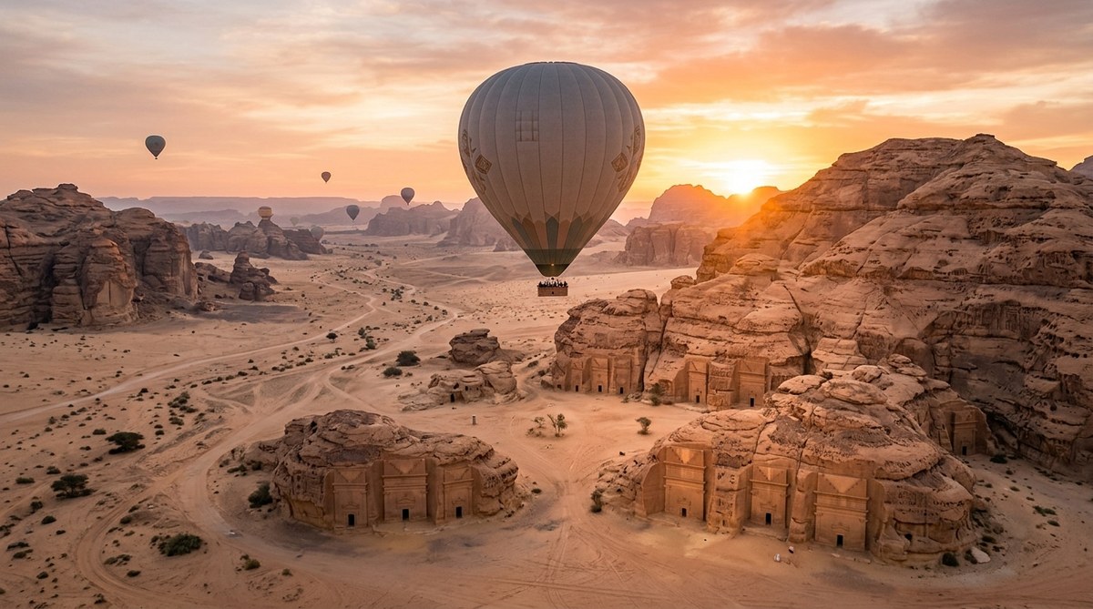 Soar Over AlUla's Ancient Tombs in a Hot Air Balloon at Dawn